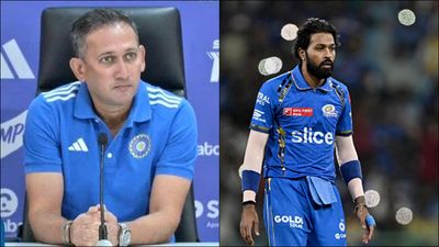 'There are no replacements for things he can do': Ajit Agarkar quashes reports of Hardik Pandya losing vice-captaincy to Rishabh Pant ahead of T20 World Cup 2024 Ajit Agarkar in the press conference; Hardik Pandya in action during IPL 2024 (Screengrab: X, Getty Images)