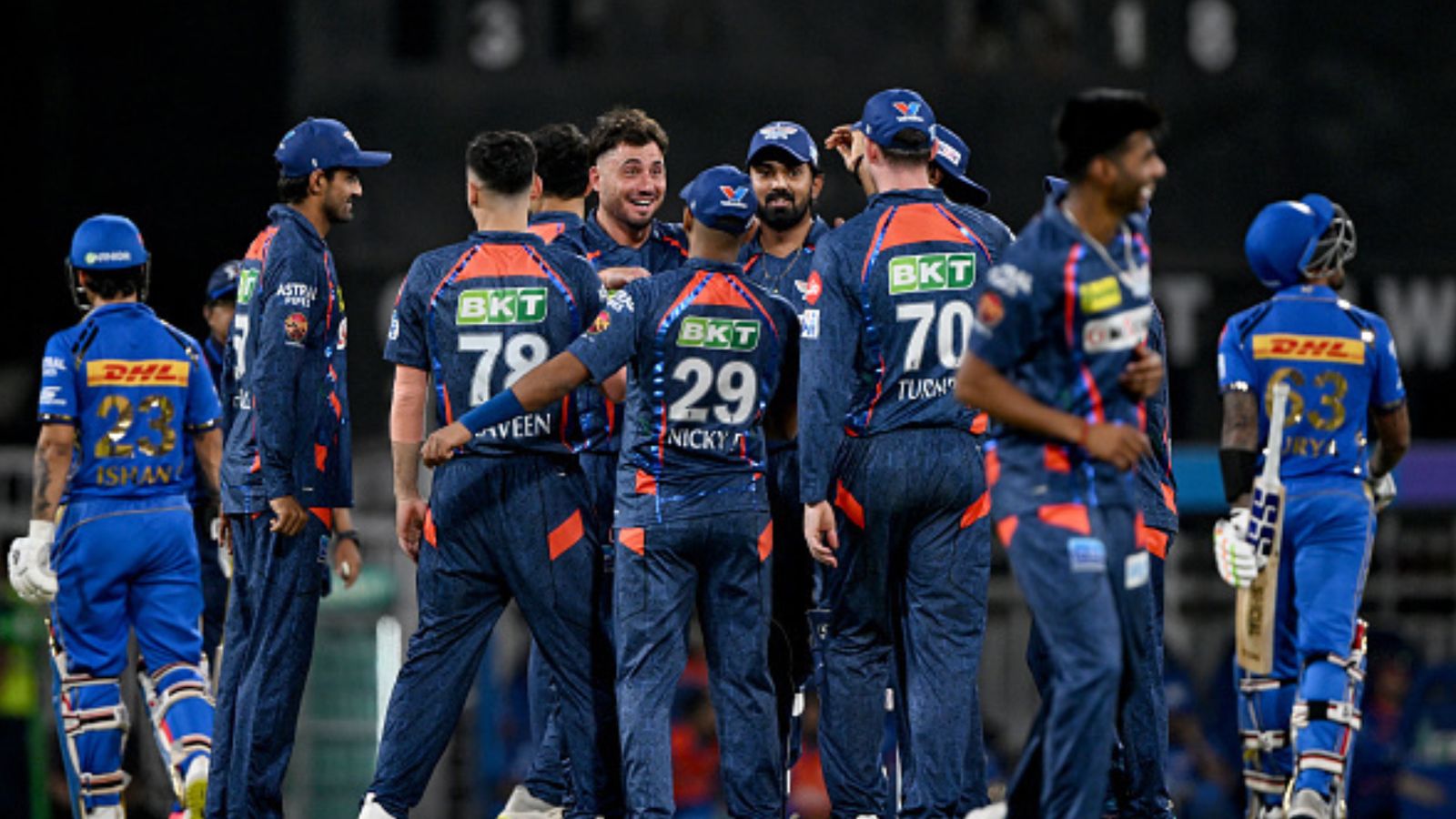 Massive blow to LSG, star player ruled out of IPL 2024, confirms coach Justin Langer Lucknow Super Giants' Marcus Stoinis (5L) with wicketkeeper and captain KL Rahul (4R) celebrates with teammates after dismissing Mumbai Indians' Suryakumar Yadav (R) in their IPL 2024 clash. (Getty)