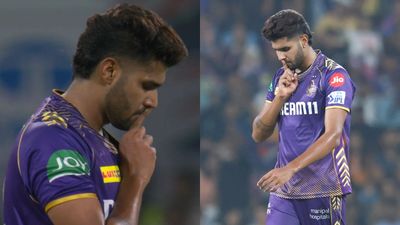 Despite one-match ban, Harshit Rana brings out new 'mute' celebration against LSG Harshit Rana's new mute celebration (Twitter)