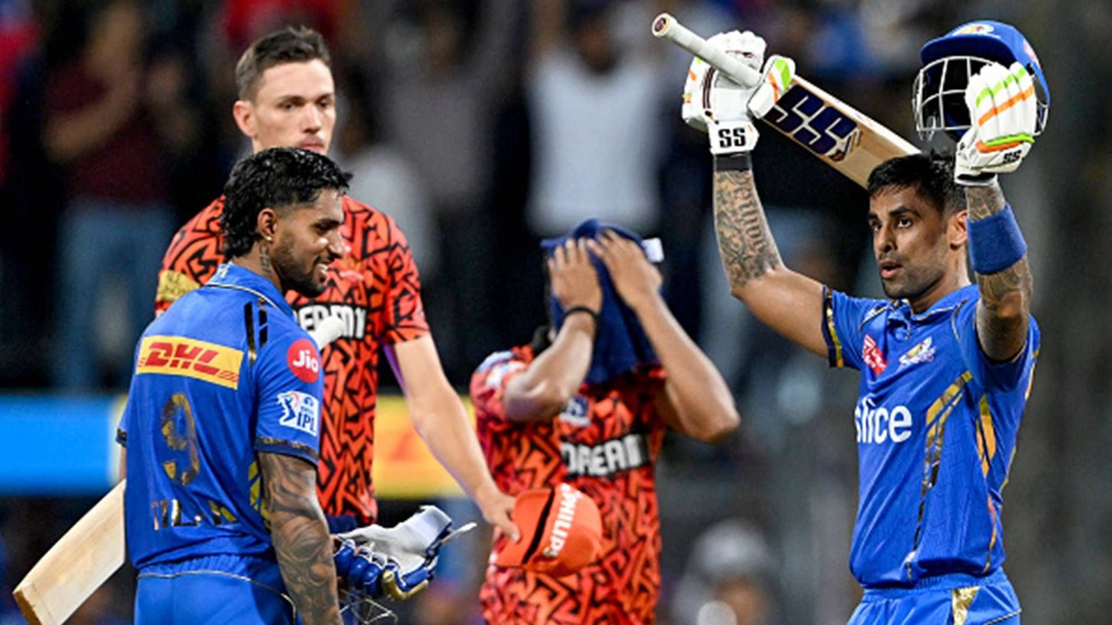 MI vs SRH: Suryakumar Yadav's 2nd IPL ton helps Mumbai Indians outclass Sunrisers Hyderabad with easy 7-wicket win at home Suryakumar Yadav celebrates his century and MI's win over SRH (Getty Images)
