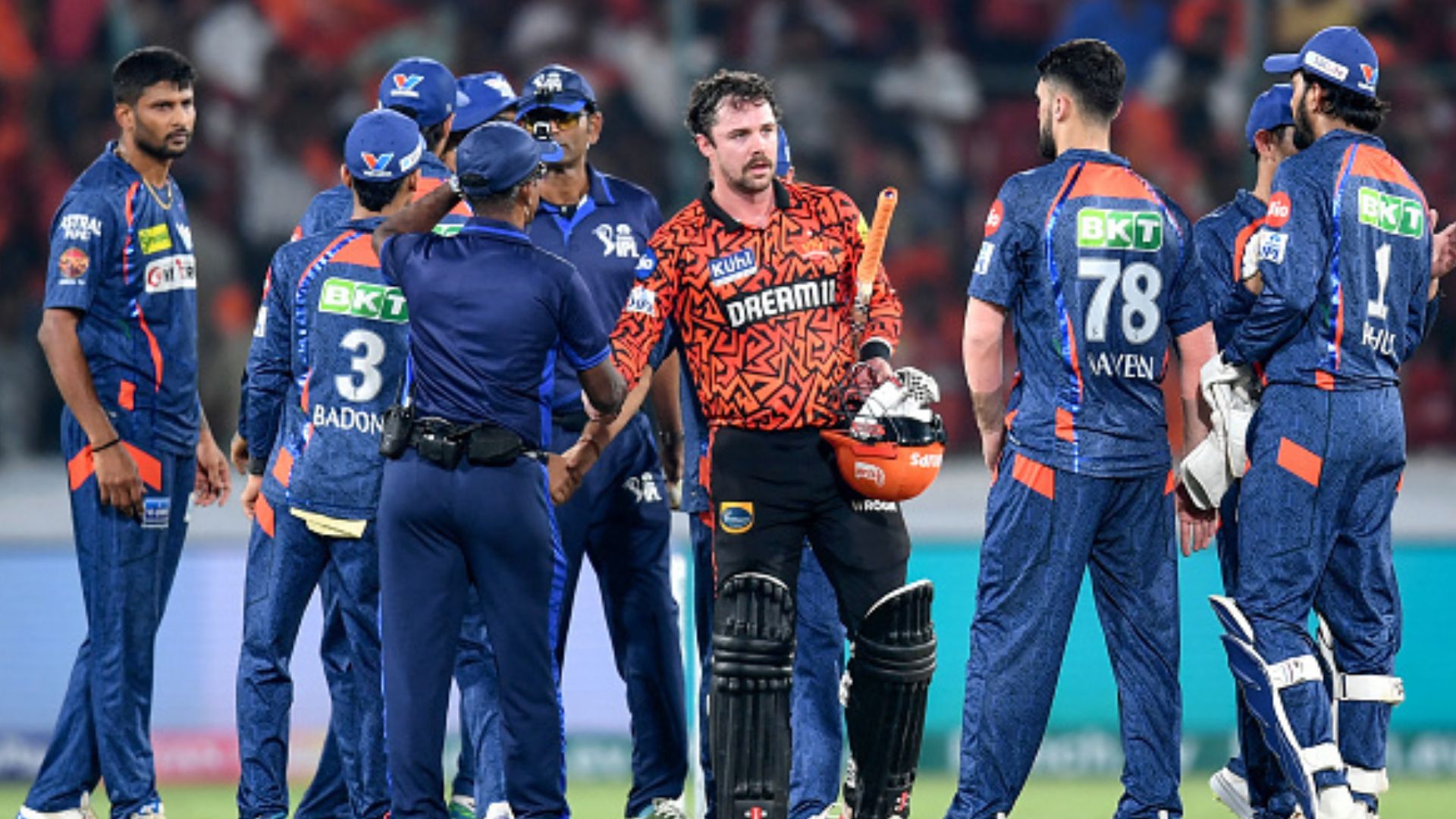 IPL 2024 Points Table: SRH rocket to third place after making mincemeat of LSG, KKR continue to reign supreme Sunrisers Hyderabad's Travis Head (4R) is congratulated by umpires and Lucknow Super Giants' players for his innings and his team's win at the end of their IPL 2024 clash on May 8, 2024. (Getty)
