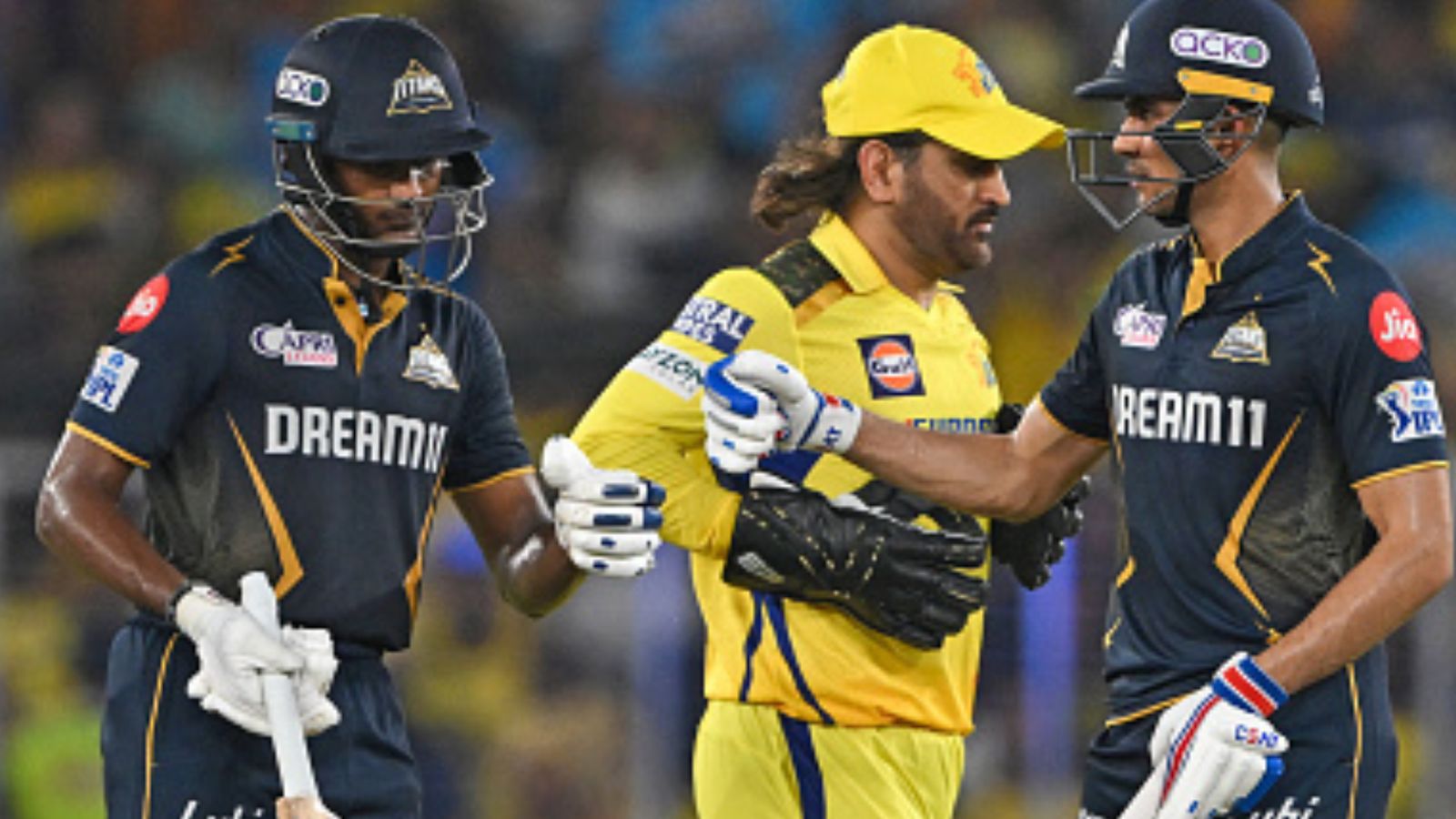 IPL 2024: Shubman Gill, Sai Sudharsan centurion knocks power GT to 35-run win over CSK, dent defending champions' playoff chance Gujarat Titans' captain Shubman Gill (R) and teammate Sai Sudharsan (L) bump fists as Chennai Super Kings' MS Dhoni walks past during their IPL 2024 match in Ahmedabad on May 10. (Getty)