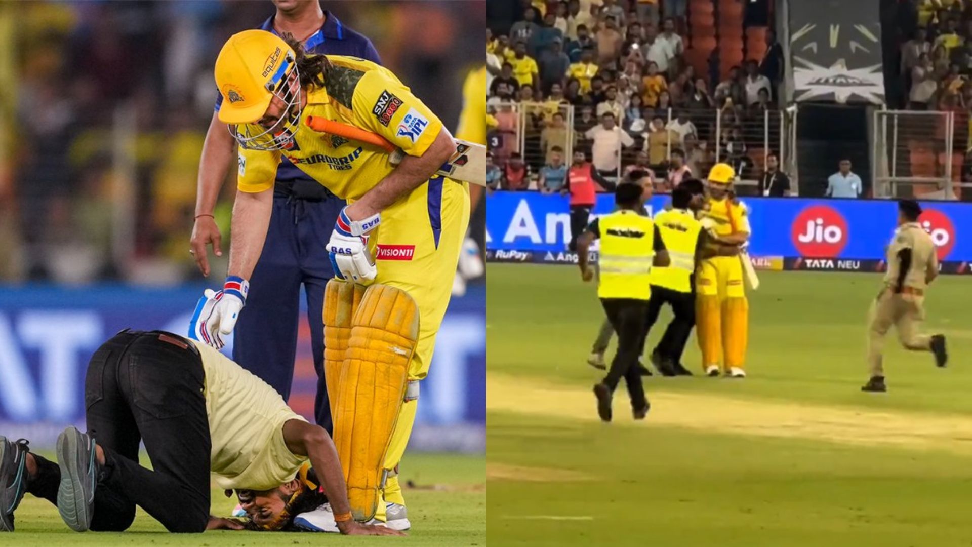 WATCH - MS Dhoni's beautiful gesture, stops security from manhandling fan invading pitch to meet him Fan invades pitch to meet MS Dhoni (Twitter screen grab)