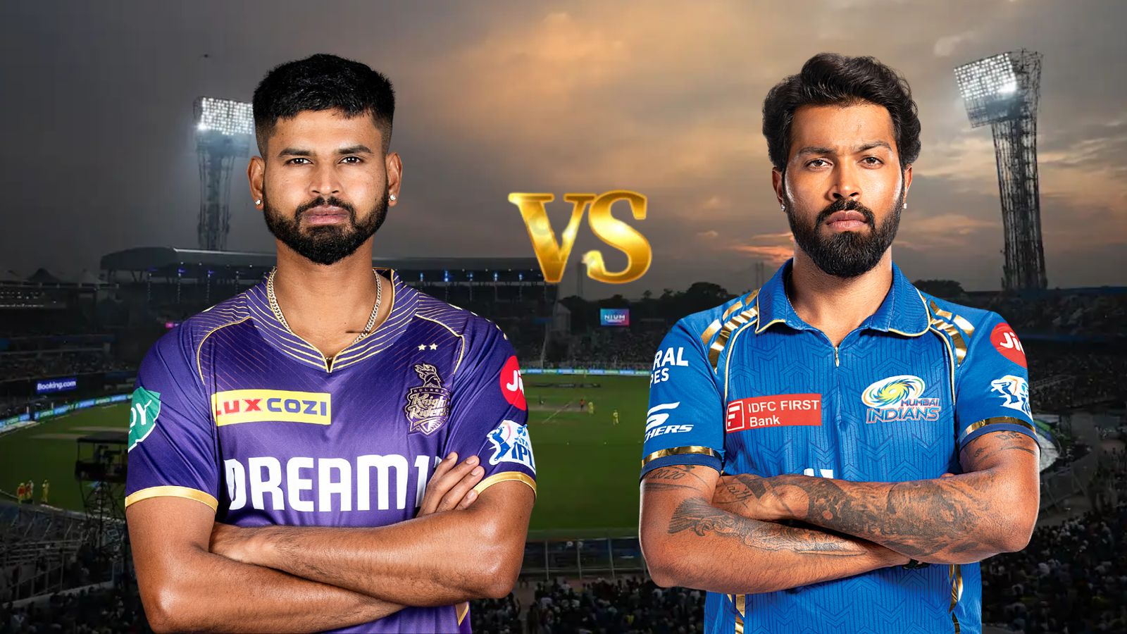 KKR vs MI Playing XIs: Hardik Pandya puts Kolkata Knight Riders to bat first in rain-shortened clash, know playing conditions here KKR skipper Shreyas Iyer (left) and MI captain Hardik Pandya in this frame. (Getty)
