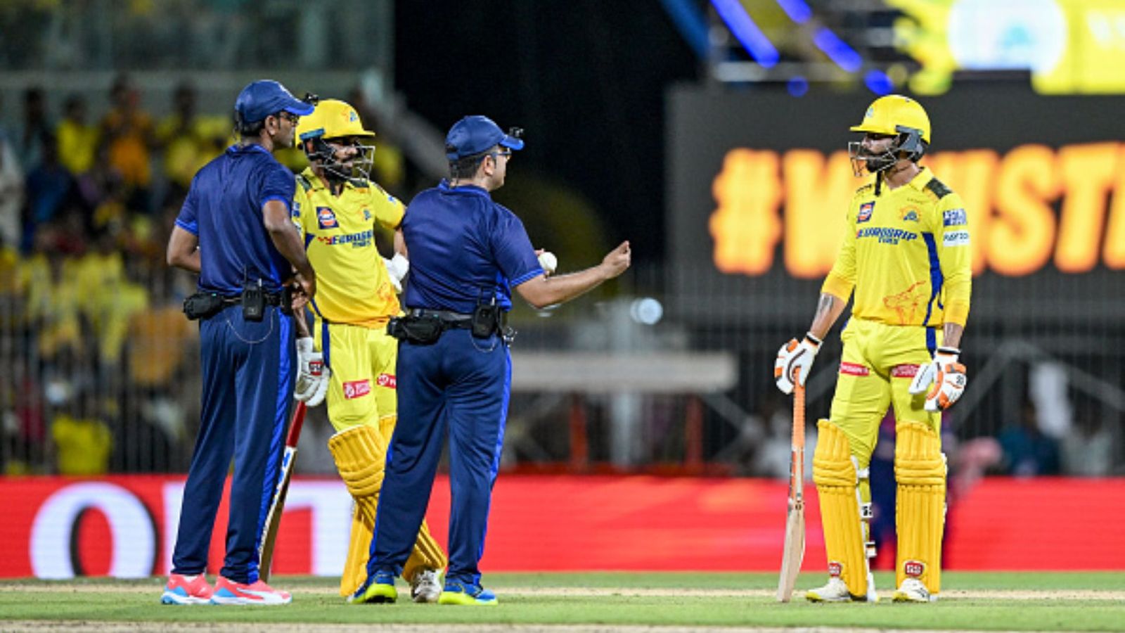 ‘Can see both sides of the story’: CSK coach's stunning reaction to Ravindra Jadeja’s controversial dismissal against RR Jadeja and Gaikwad having discussion with umpires (Getty)