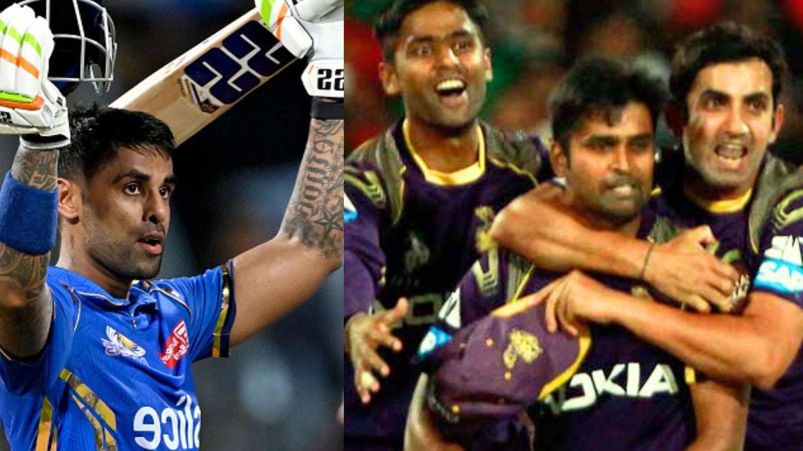Former KKR captain Gautam Gambhir regrets not giving Suryakumar Yadav an ideal batting position, says 'A leader's role is to identify the best...' MI's Suryakumar Yadav (L) and KKR mentor Gautam Gambhir with Surya and Vinay Kumar. (File Photo: Getty)