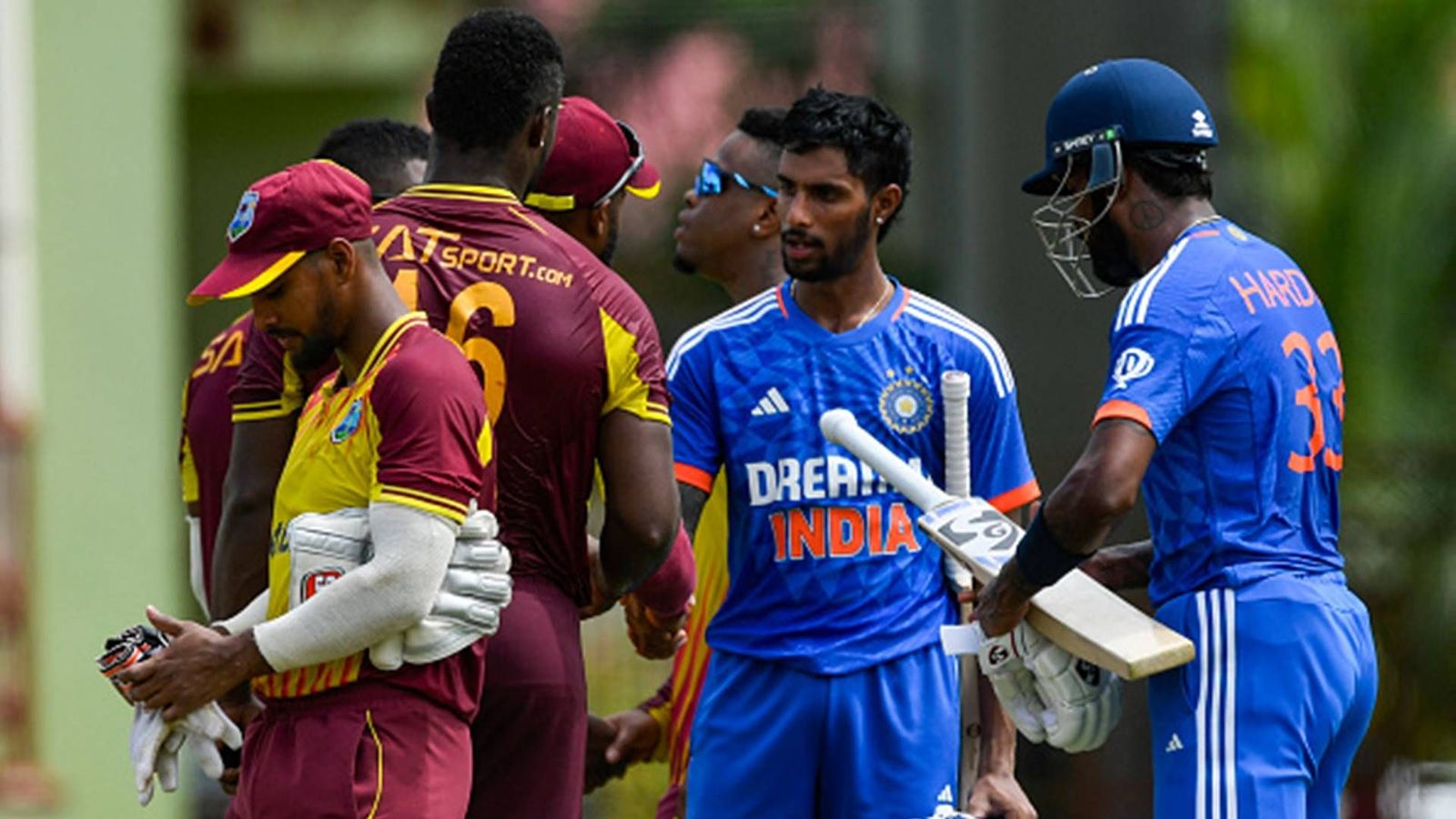 No reserve day for T20 World Cup 2024's second semifinal but ICC allots 4 hours and 10 minutes to complete knockout encounter: All details here Tilak Varma and Hardik Pandya shake hands with West Indies players (File Photo: Getty Images)