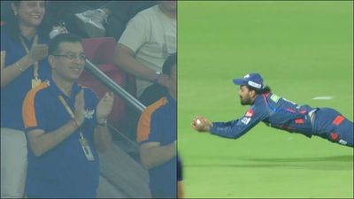 WATCH: Sanjiv Goenka gives standing ovation as KL Rahul dives to take a catch on second attempt in must-win game Sanjiv Goenka responds to KL Rahul's catch (Screengrab: X)
