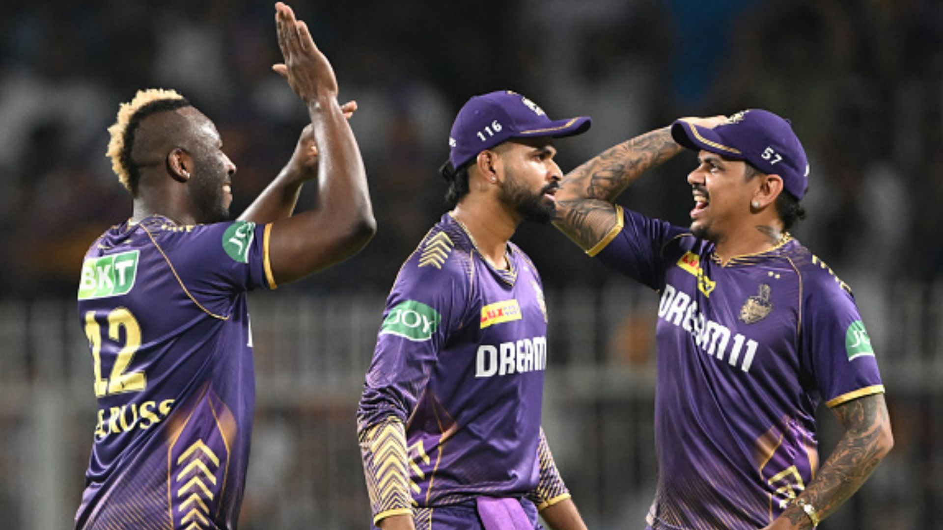 KKR script history after RR's defeat, achieve this big IPL milestone for the first time under Shreyas Iyer's captaincy From Left: KKR's Andre Russell, Shreyas Iyer and Sunil Narine in this frame. (Getty)