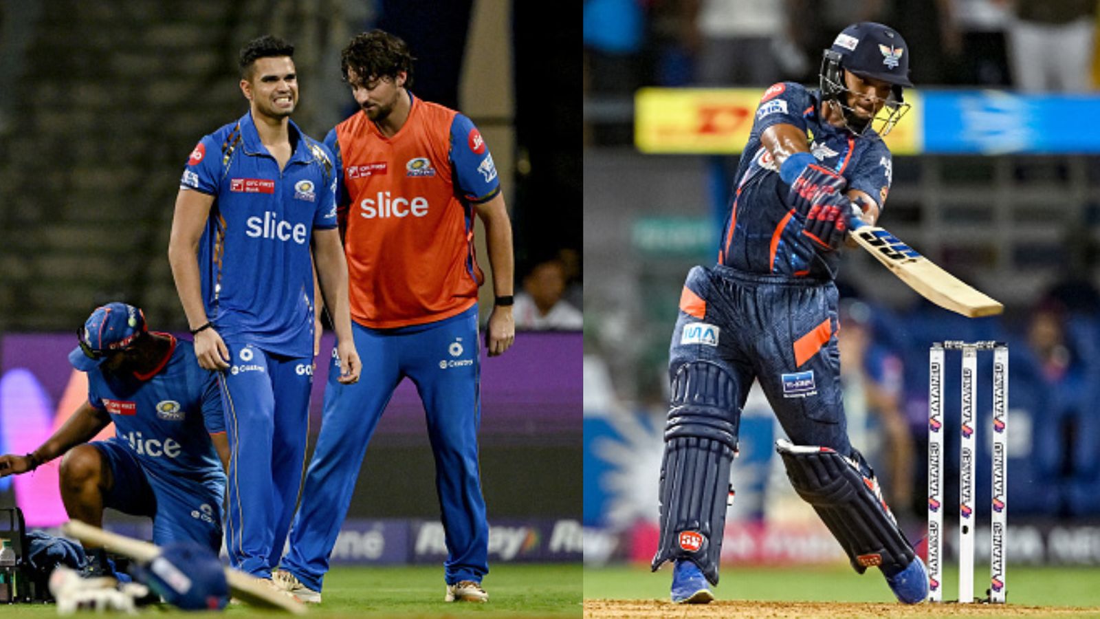 WATCH: Arjun Tendulkar taken off the field after getting smashed for back-to-back sixes as Nicholas Pooran-KL Rahul tonk 29 runs in 1 over MI's Arjun Tendulkar (left) and LSG's Nicholas Pooran in this frame. (Getty)