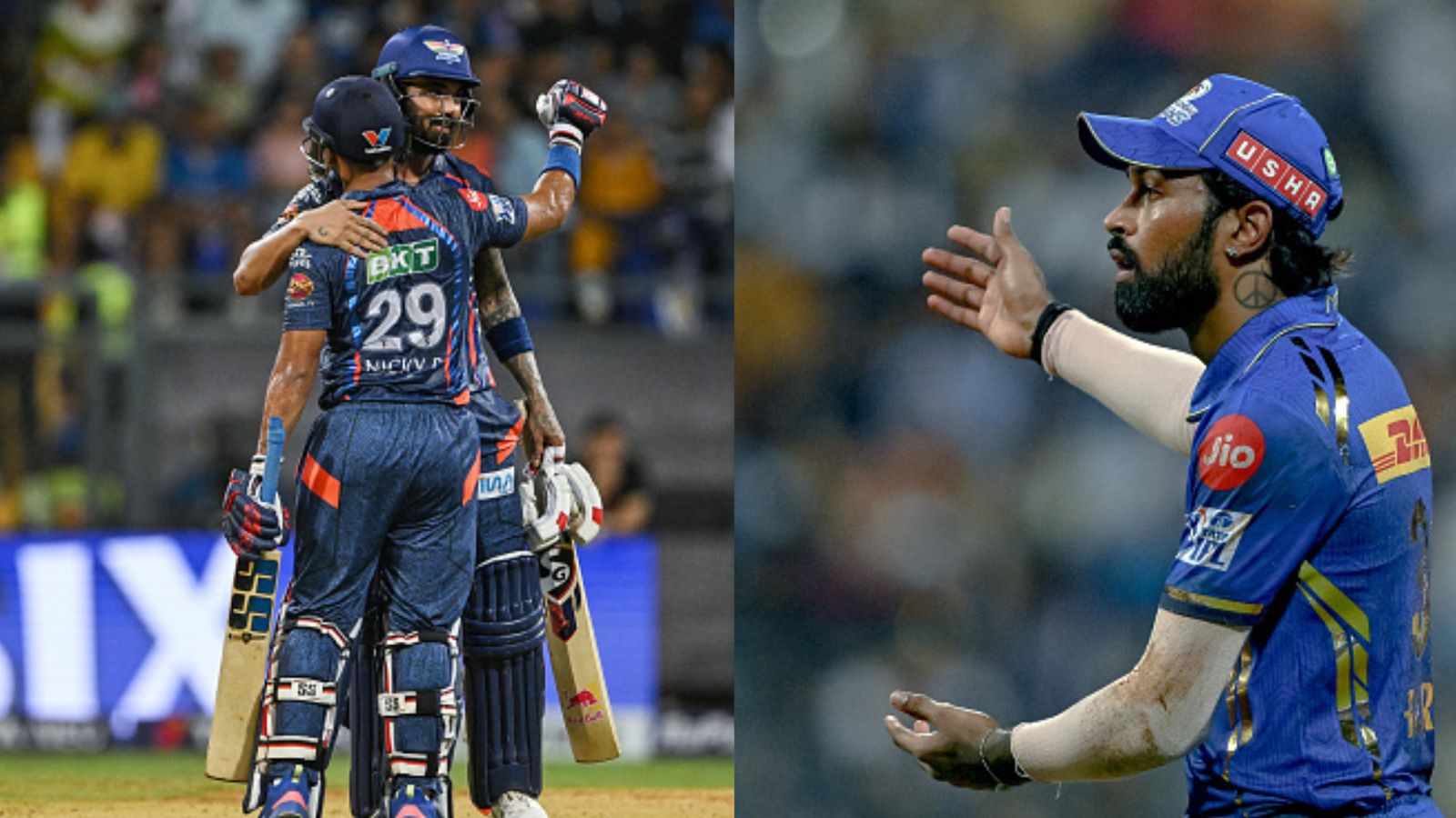 Nicholas Pooran's carnage helps LSG sign off IPL 2024 with dominant win over rusty MI despite Rohit Sharma-Naman Dhir's heroics From Left: LSG's KL Rahul and Nicholas Pooran and MI skipper Hardik Pandya in this frame. (Getty)