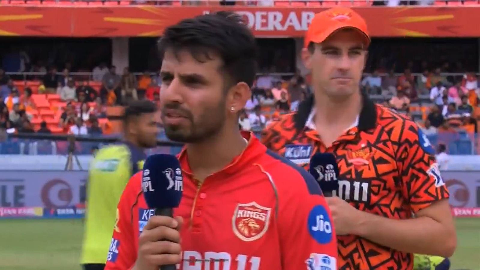 SRH vs PBKS: Jitesh Sharma on captaincy debut plays with just one overseas player; Pat Cummins makes just one change in playing XI Jitesh Sharma and Pat Cummins at the coin toss (Screengrab: X)