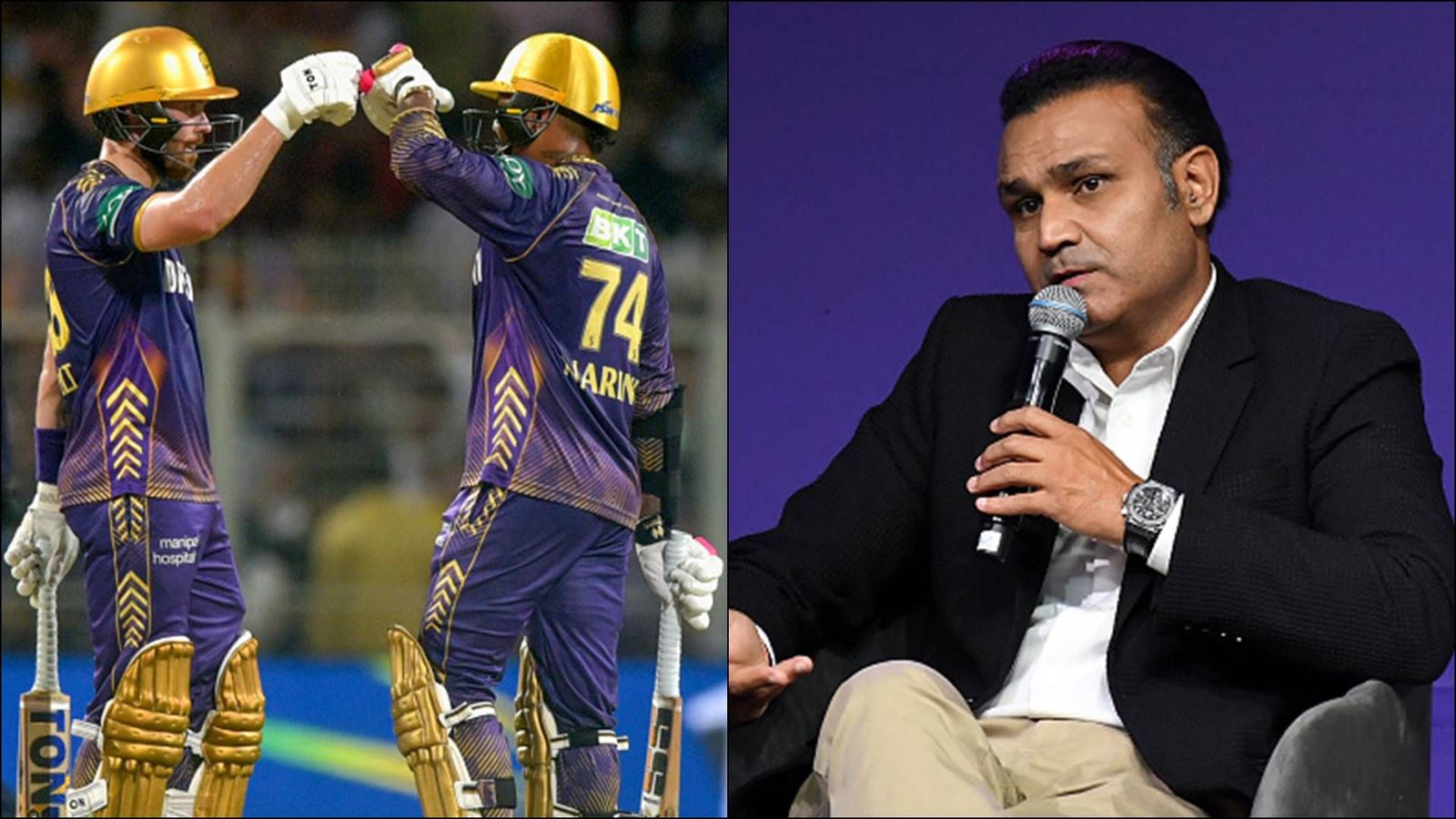 'It's not like one player's absence will drop the value of your team': Virender Sehwag urges KKR to stay positive despite losing services of star player KKR's Phil Salt and Sunil Narine in action; Former Indian opener Virender Sehwag (File Photo: Getty Images)