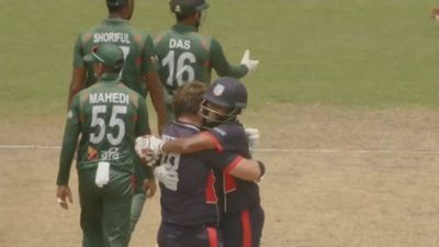 USA shock Bangladesh ahead of T20 World Cup 2024, ex-Indian all-rounder, Corey Anderson score 62 runs from 28 balls in historic run chase Harmeet Singh and Corey Anderson celebrate USA's maiden T20I win over Bangladesh (Screengrab: FanCode, X)