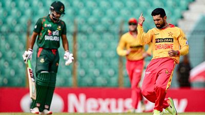 Bangladesh captain blames Zimbabwe pitches for battters' flop show and shocking maiden T20I loss to USA ahead of T20 World Cup 2024 Sikandar Raza celebrates Najmul Hossain Shanto's wicket (Getty Images)