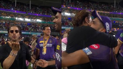 WATCH: Shah Rukh Khan does Harshit Rana's celebration that led to KKR getting banned for one game; ecstatic youngster lifts him Shah Rukh Khan's flying kiss celebration after KKR's eight-wicket win (Screengrab: X)