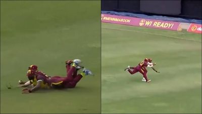 WATCH: Two West Indies players dive together to take Mumbai Indians player's catch; effort leaves bowler smiling Brandon King takes catch while avoiding collision with Obed McCoy (Screengrab: X)