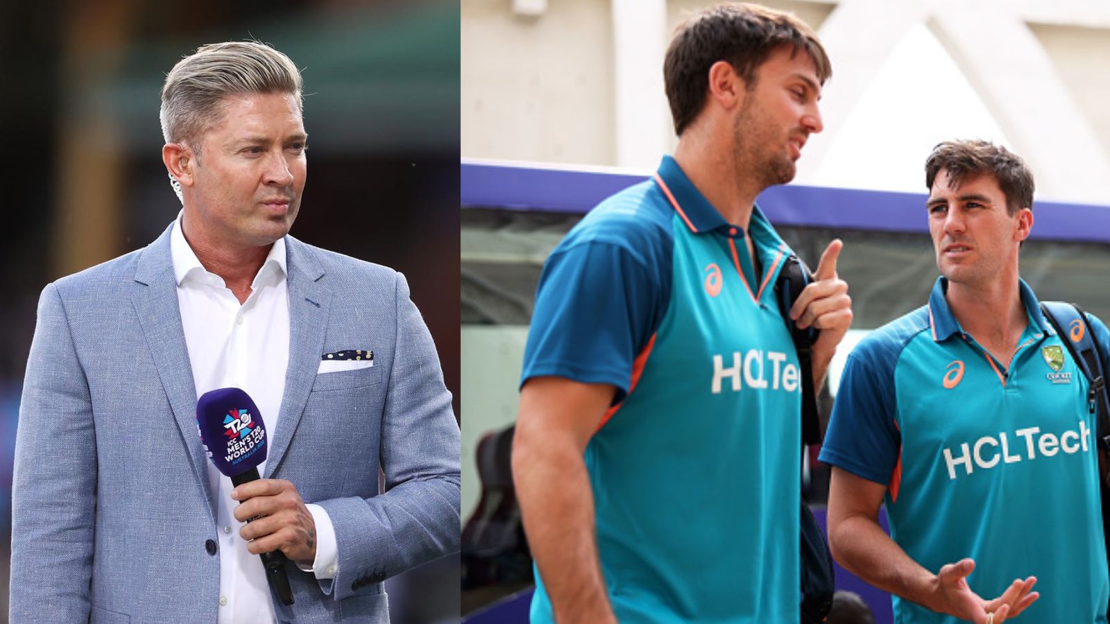 Not Australia or England, Michael Clarke names this team as T20 World Cup 2024 favourites Michael Clarke (left), Pat Cummins (centre) and Mitchell Marsh in this frame. (Getty)