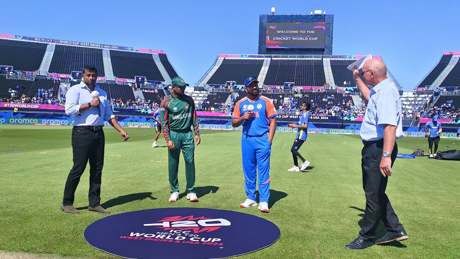IND vs BAN: Virat Kohli misses out of warm-up game as India finally start T20 World Cup 2024 campaign Rohit Sharma and Najmul Hossain Shanto at toss (Twitter)