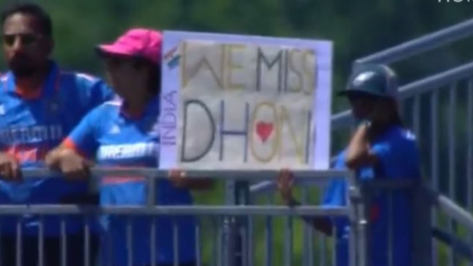 Indian fans seen with 'We Miss You Dhoni' placards during India vs Bangladesh T20 World Cup warmup match| SEE VIRAL PHOTO Indian fans seen with 'We Miss You Dhoni' placards during India vs Bangladesh T20 World Cup warmup match| SEE VIRAL PHOTO