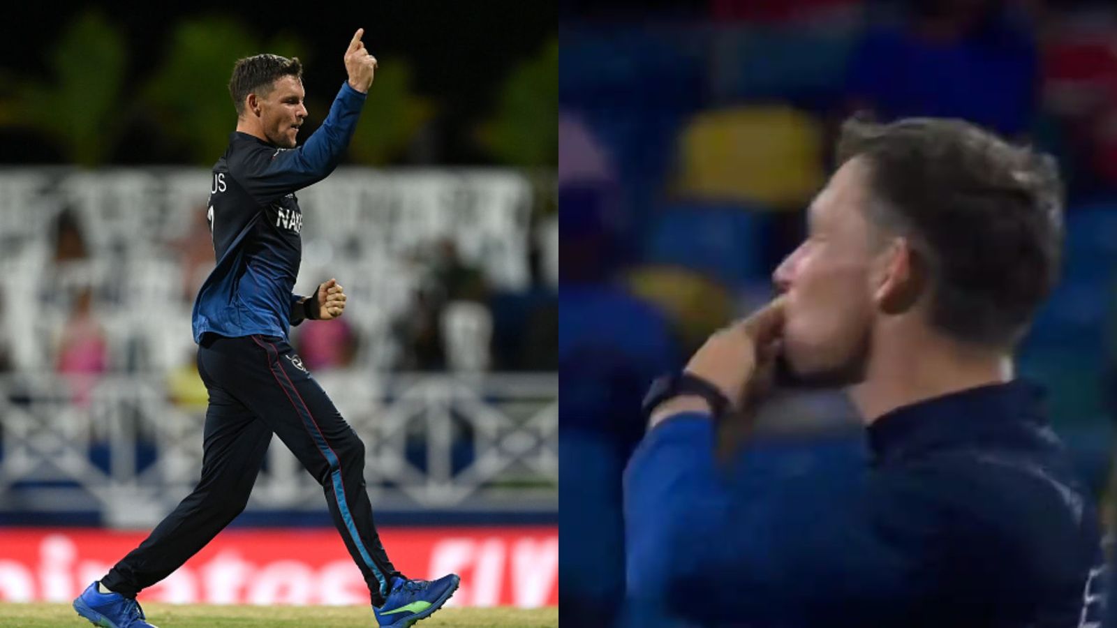 WATCH - Namibia captain Gerhard Erasmus does Harshit Rana's iconic flying kiss celebration from IPL in T20 World Cup 2024 Gerhard Erasmus in frame (Getty and Twitter screen grab)