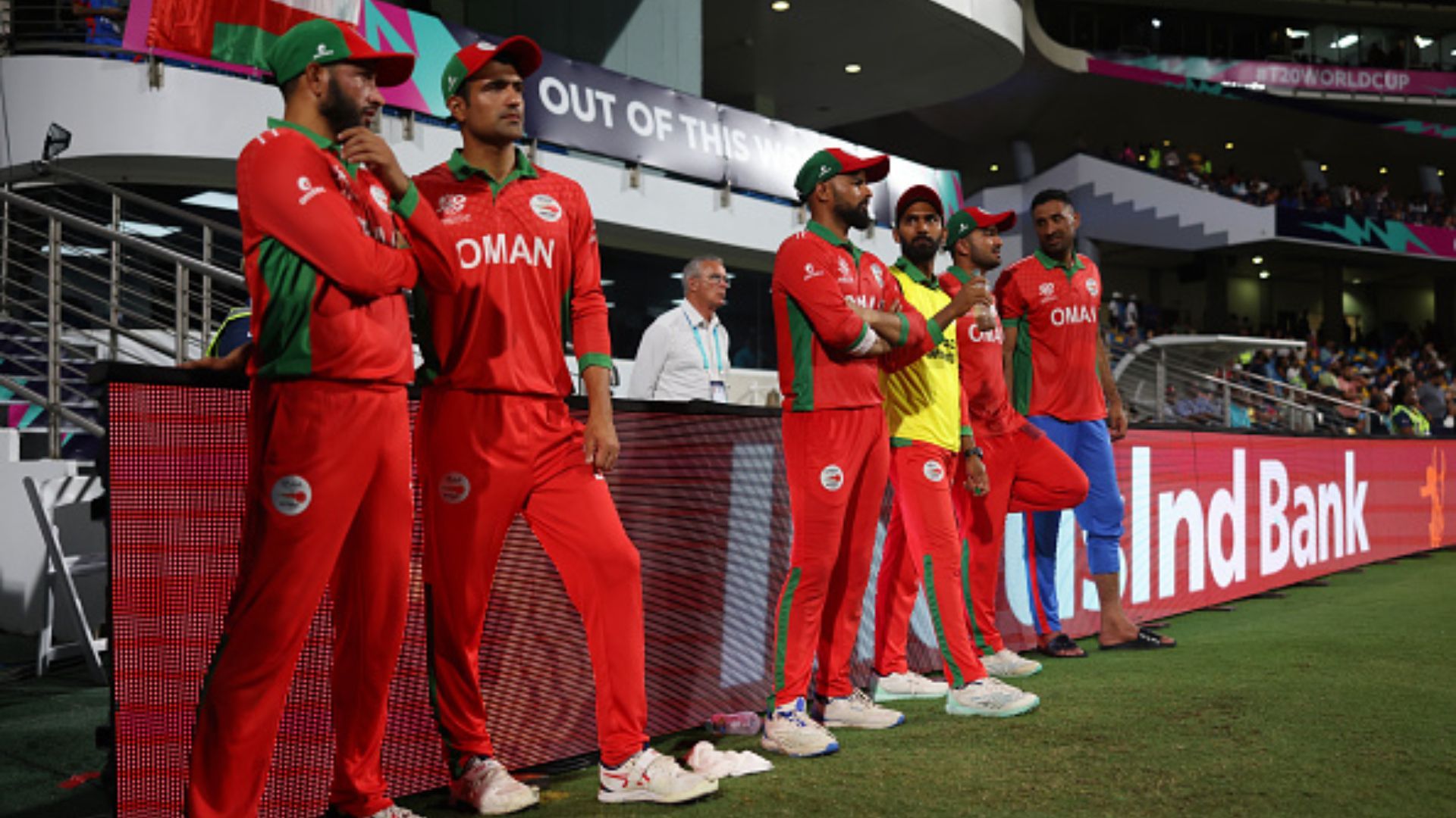 T20 World Cup 2024: Pakistan-born player's big mistake causes Oman's super over loss against Namibia Oman players after losing super over against Namibia (Getty)
