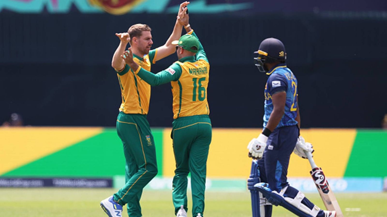 18 dots, 7 runs, 4 wickets: Anrich Nortje breaks his own T20 World Cup record to decimate Sri Lankan batting lineup Anrich Nortje celebrates a wicket against Sri Lanka with Aiden Markram (Getty Images)