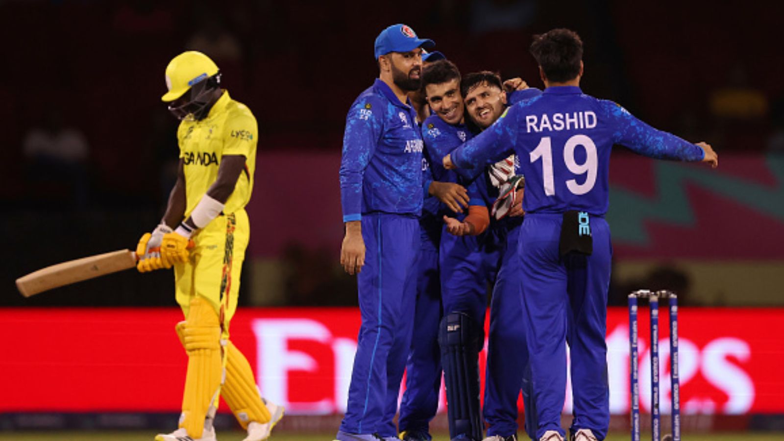 Fazalhaq Farooqi's back-breaking fifer rocks Uganda for 58 as Afghanistan clinch colossal win to kick off T20 World Cup campaign in style Afghanistan's Fazalhaq Farooqi celebrates with teammate after dismissing Robinson Obuya of Uganda during their T20 World Cup 2024 match on June 4. (Getty)