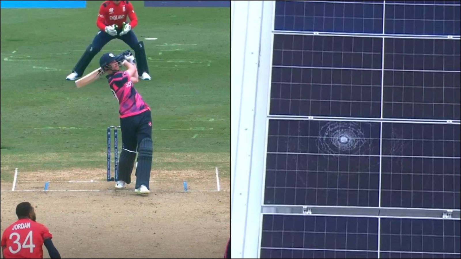 Scotland opener stuns Chris Jordan, hits massive six to damage the solar panel; watch video Michael Jones' shot damages the solar panel at Kensington Oval (Screengrab: X)