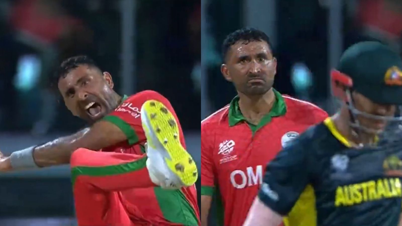 WATCH - Oman player's insulting celebration after taking David Warner's wicket; does kicking gesture towards Australian legend Kaleemullah celebrating David Warner's wicket (Twitter screen grab)