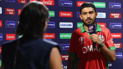 'Media doesn't show positive things we said about them. only the negatives': Oman captain gives clarification on comments made before Australia encounter Oman captain Aqib Illyas during the post-match presentation (Getty Images)