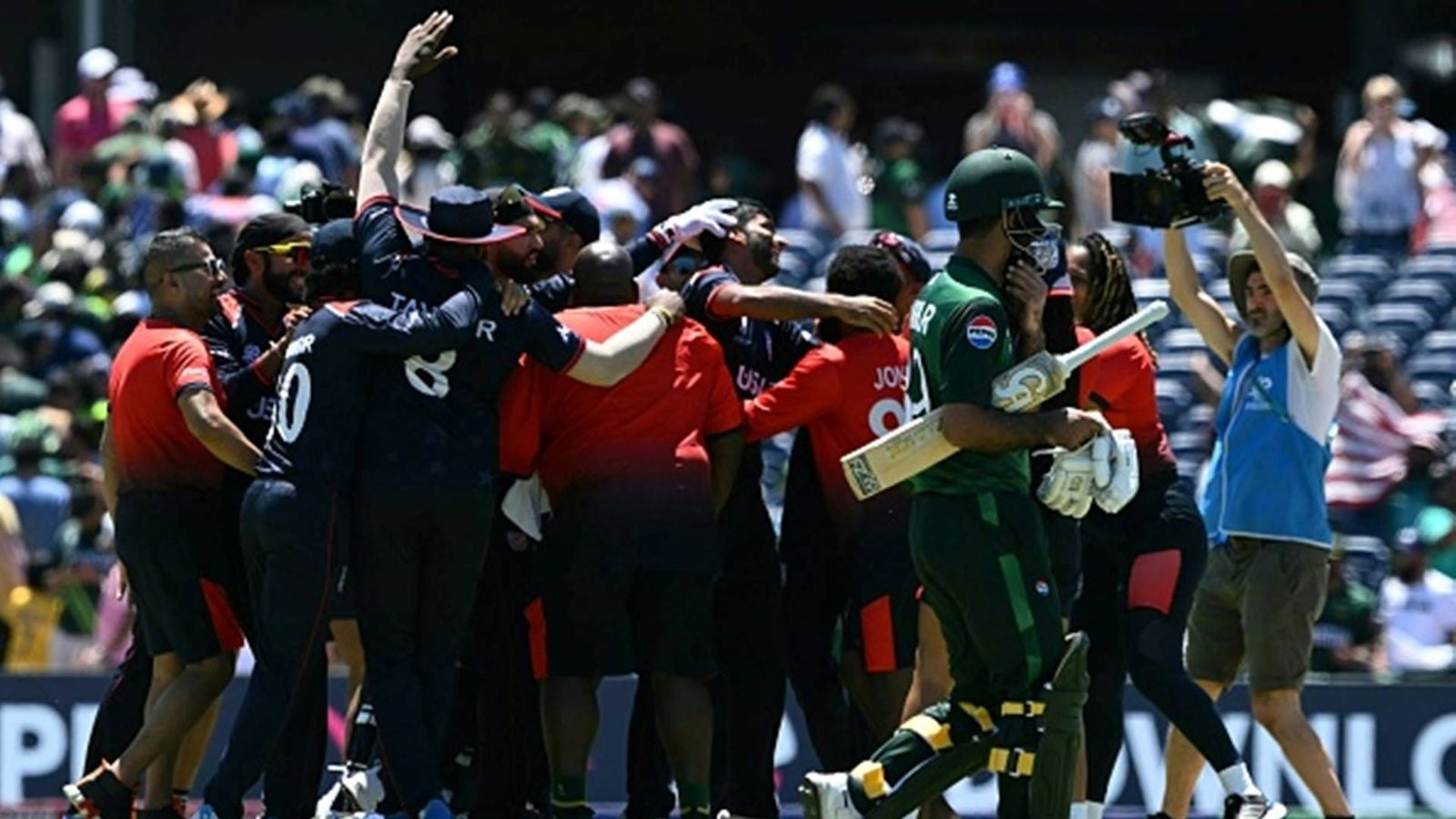 USA upset Babar Azam's Pakistan with a thrilling win in super over as former Indian players steal the show USA players celebrate maiden win over Pakistan (Getty Images)