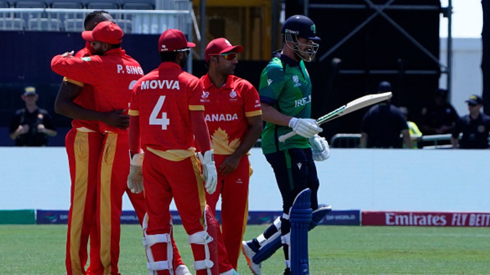 Gordon's last-over heroics dampen Dockrell, Adair's fightback as Canada jolt Ireland to register 1st ever win in T20 World Cup history Canada's Jeremy Gordon (L) is congratulated by teammates during their T20 World Cup clash against Ireland at the Nassau County International Cricket Stadium on June 7. (Getty)