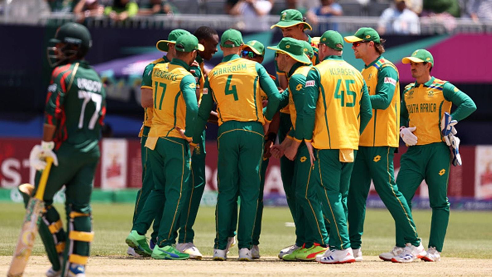 SA vs BAN: South Africa choke Bangladesh to complete hat-trick of wins in New York and book berth in Super 8 South Africa players celebrate a wicket against Bangladesh (Getty Images)