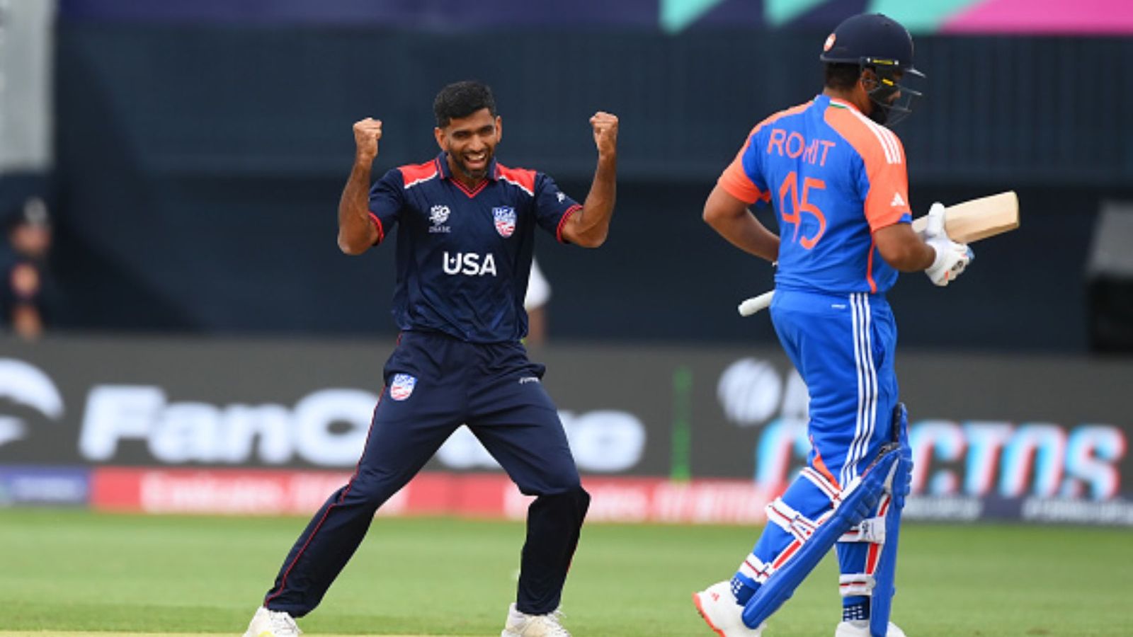 'Happy to see their progress': Rohit Sharma praises USA's Indian cricketers after third consecutive win in T20 World Cup 2024 Saurabh Netravalkar celebrating Rohit Sharma's wicket (Getty)