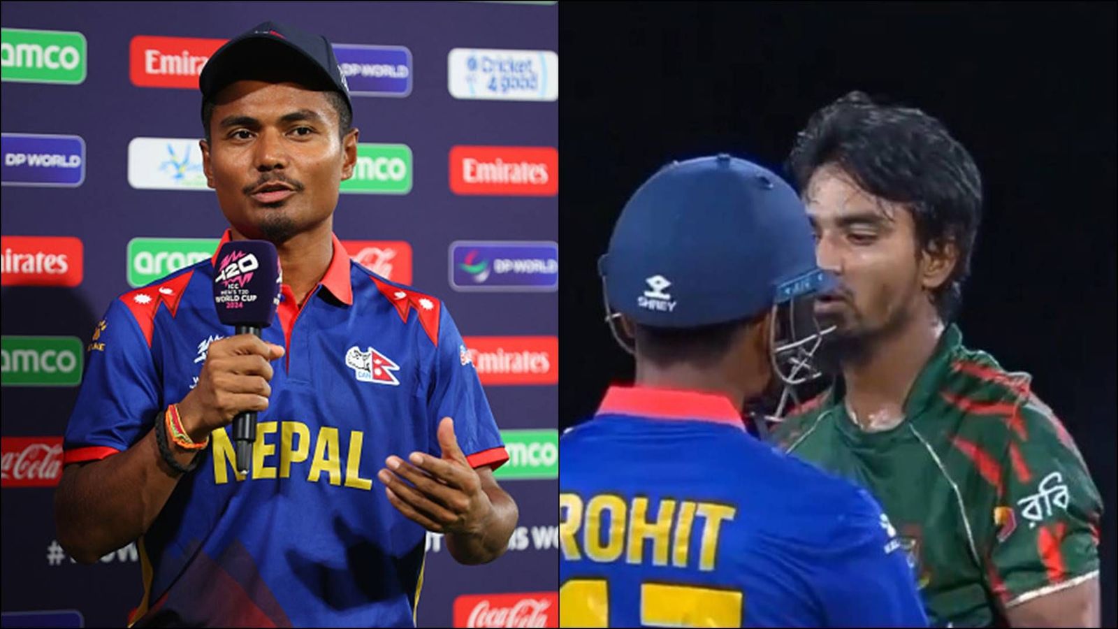 Nepal captain Rohit Paudel's first reaction to young Bangladesh pacer Tanzim Hasan Sakib sledging and pushing him Rohit Paudel during post-match presentation; Tanzim Hasan Sakib shows aggression during T20 World Cup clash (Getty Images, Screengrab: X)