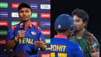 Nepal captain Rohit Paudel's first reaction to young Bangladesh pacer Tanzim Hasan Sakib sledging and pushing him Rohit Paudel during post-match presentation; Tanzim Hasan Sakib shows aggression during T20 World Cup clash (Getty Images, Screengrab: X)