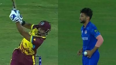 36 runs in an over! Afghanistan pacer equals Stuart Broad's T20 World Cup 2007 record as Nicholas Pooran, goes berserk Nicholas Pooran hits Azmatullah Omarzai for a six (Screengrab: X)