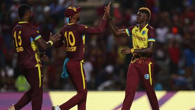 Star all-rounder leaves West Indies camp ahead of T20 World Cup Super 8 clash against England Romario Shepherd and Roston Chase celebrate a wicket with Alzarri Joseph (Getty Images)
