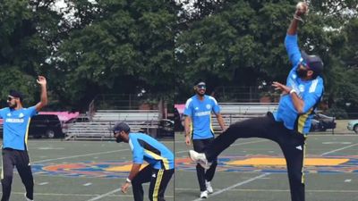 WATCH: Jasprit Bumrah turns AB de Villiers, grabs one-handed stunner ahead of India vs Afghanistan T20 World Cup 2024 Super 8 tie Bumrah during India's net sessions (credits x screengrab)