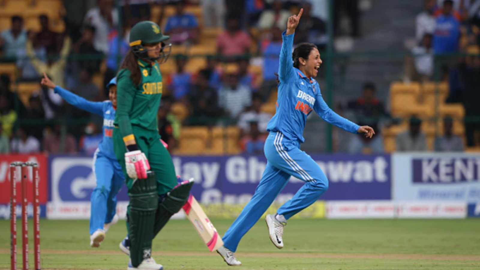 IND W vs SA W: After Mandhana-Harmanpreet's tons, India pull off robust win over SA in last-ball thriller in 646-run spectacle, clinch series 2-0 India's Smriti Mandhana celebrates the wicket of Sune Elbie Luus of South Africa during 2nd ODI at M. Chinnaswamy Stadium on June 19. (Getty)
