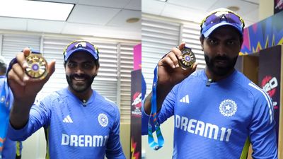 WATCH - No special guest for fielding medal ceremony, check who gave Ravindra Jadeja his special award after India's Super 8 win over Afghanistan Ravindra Jadeja wins best fielder medal (Twitter screen grab)