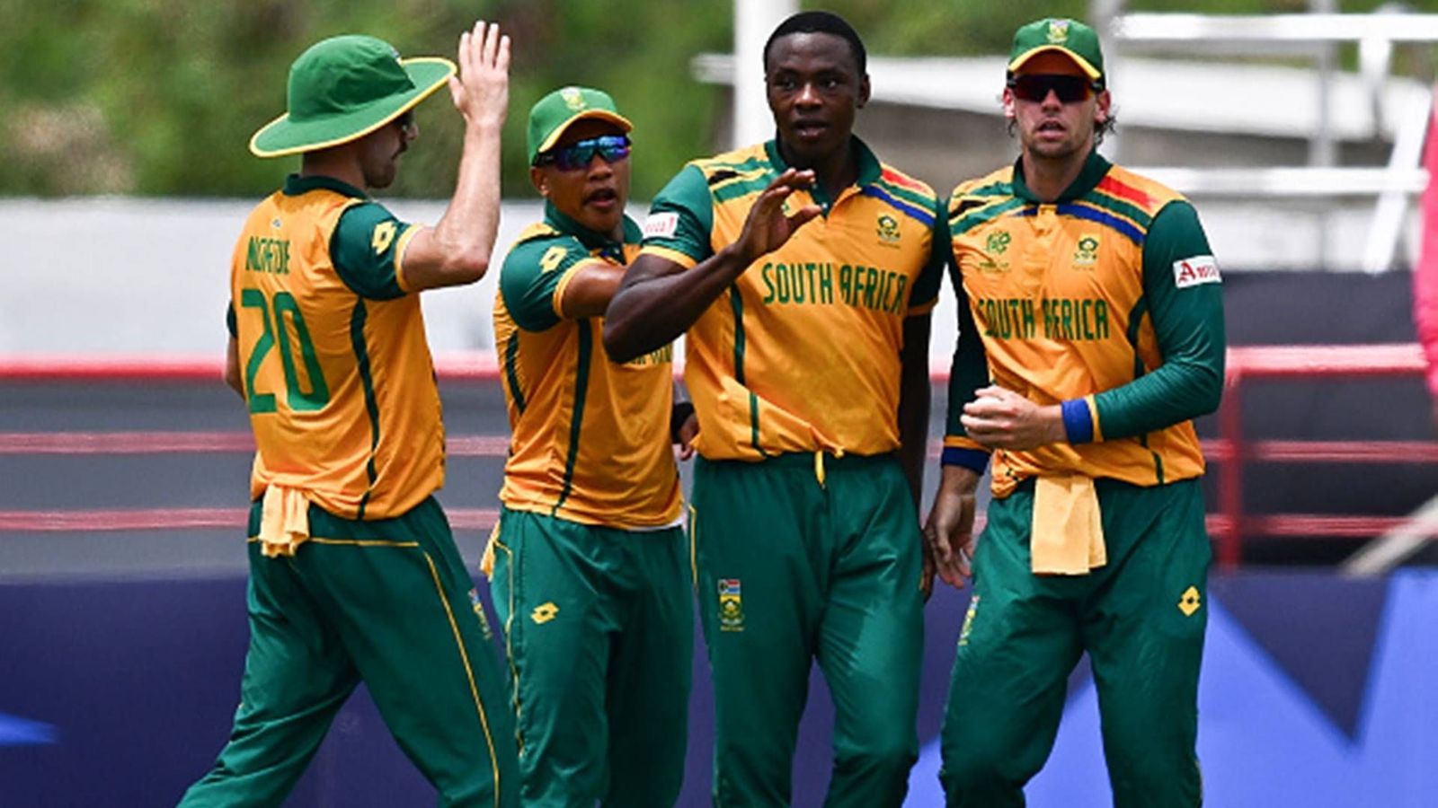 How South Africa's T20 World Cup 2024 campaign can end with just one loss to West Indies at Super 8 stage Kagiso Rabada celebrates a wicket against England with his teammates (Getty Images)