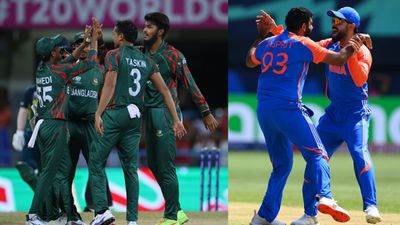 '...you're going to bury yourself': Brian Lara warns Bangladesh of this 'big threat' ahead of crucial Super 8 clash against India Left: Bangladesh players celebrate with each other. Right: India's Jasprit Bumrah and Virat Kohli in this frame. (Getty)