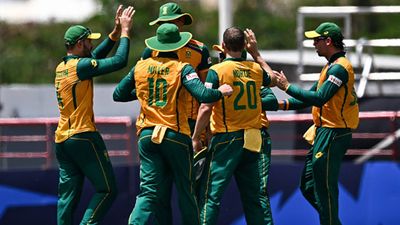 Big blow to South Africa ahead of must-win West Indies clash as ICC punishes star player for arguing with umpire South Africa players celebrate a wicket against England (Getty Images)