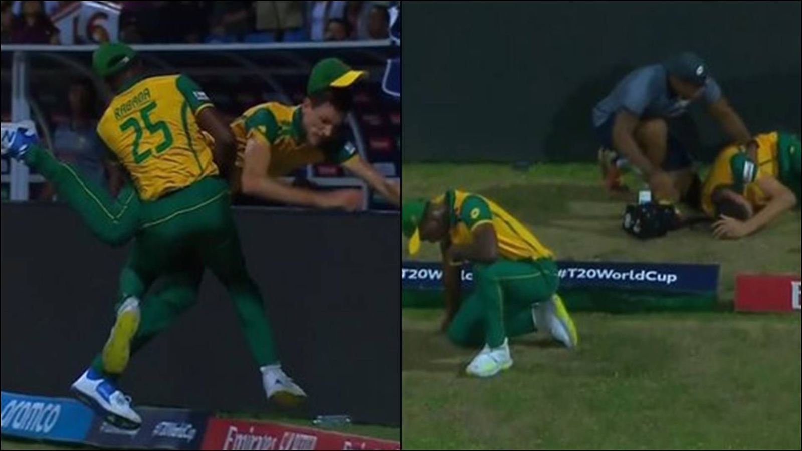 Watch: Marco Jansen, Kagiso Rabada involved in nasty collision on boundary to take Kyle Mayers’ catch in must-win match Marco Jansen and Kagiso Rabada involved in a collision (Screengrab: X)