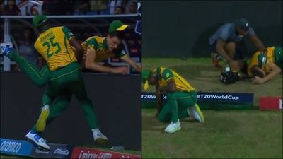 Watch: Marco Jansen, Kagiso Rabada involved in nasty collision on boundary to take Kyle Mayers’ catch in must-win match Marco Jansen and Kagiso Rabada involved in a collision (Screengrab: X)