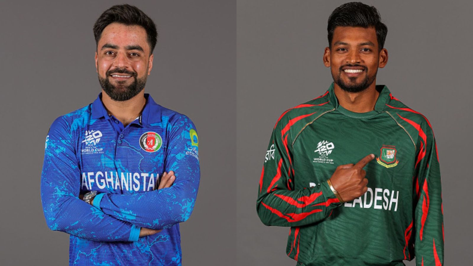 AFG vs BAN, T20 World Cup 2024 Live Streaming: When and where to watch Afghanistan vs Bangladesh clash online? Rashid Khan and Najmul Hossain Shanto in frame (Getty)