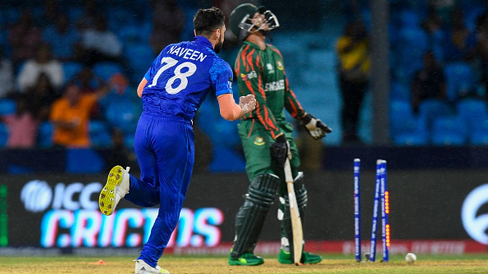 Brave Afghanistan beat Bangladesh by 9 runs in dramatic encounter to reach first-ever T20 World Cup semifinal, knock Australia out of tournament Naveen-ul-Haq celebrates Taskin Ahmed's wicket (Getty Images)