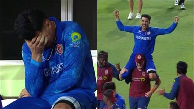 Watch: Crying in dressing room after Afghanistan's win over Bangladesh, coach Trott lifts Gurbaz to take victory lap Rahmanullah Gurbaz cries in dressing room after Afghanistan's win before coach Jonathan Trott lifted him on his shoulders (Screengrab: X)